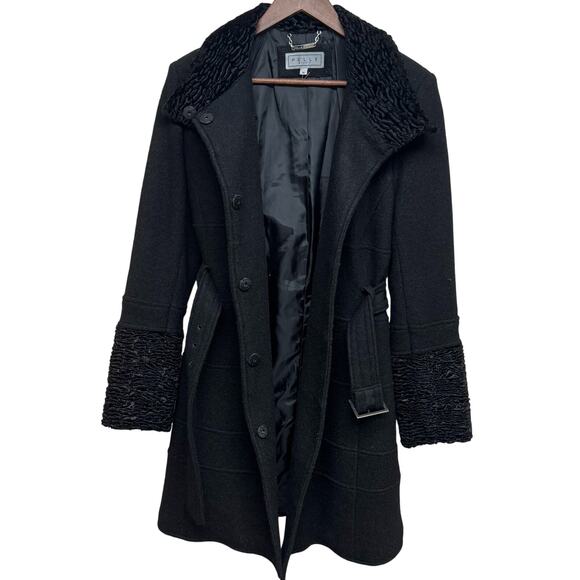 Pelle Studio Wool Blend Belted Coat Black Faux Fur Trim Sz M - Picture 4 of 7